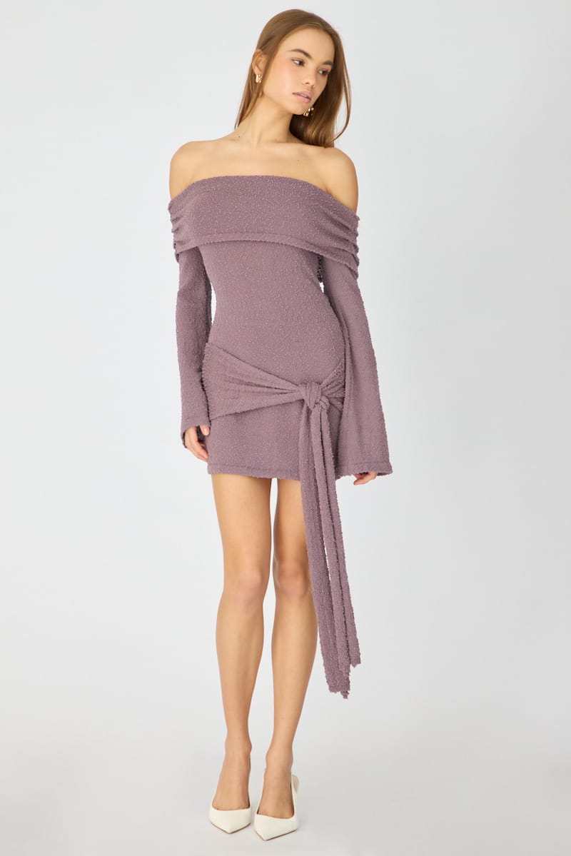 Brown Knitted Off Shoulder Tie Waist Mini Dress for Ally Fashion