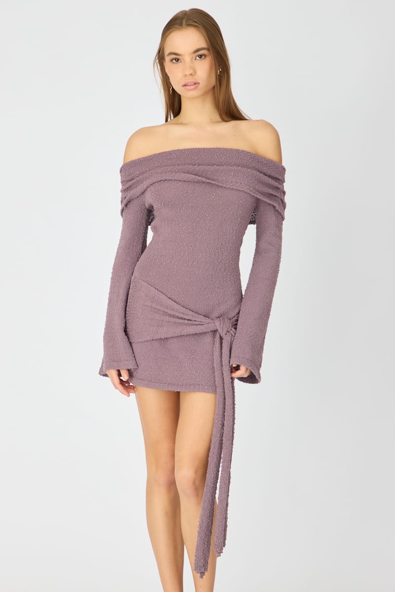 Brown Knitted Off Shoulder Tie Waist Mini Dress for Ally Fashion