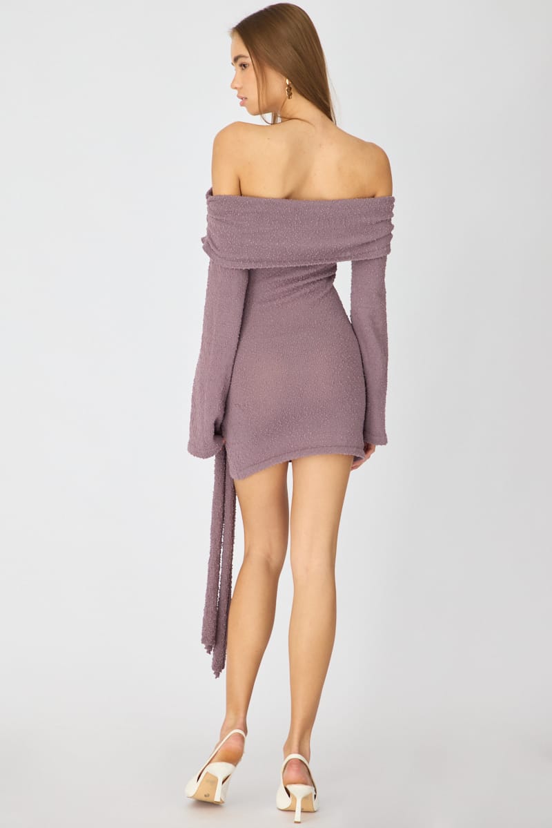 Brown Knitted Off Shoulder Tie Waist Mini Dress for Ally Fashion