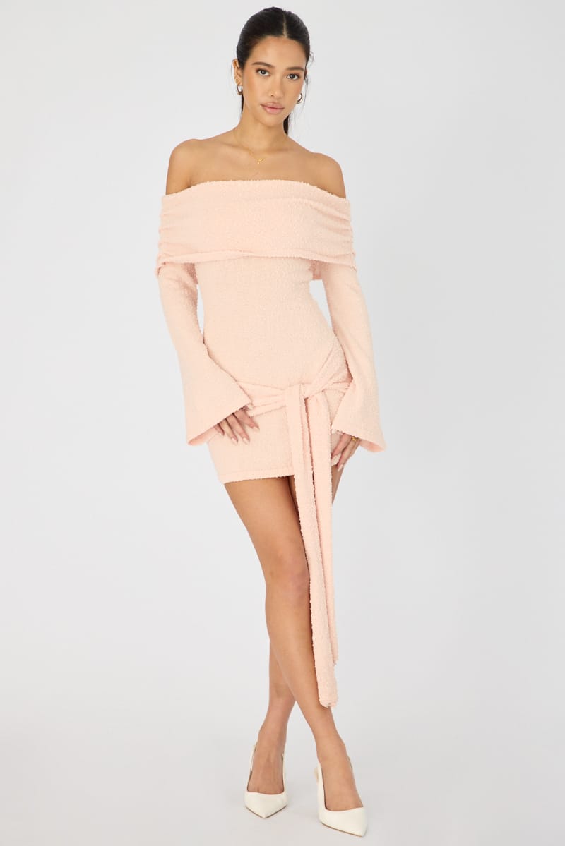Orange Knitted Off Shoulder Tie Waist Mini Dress for Ally Fashion