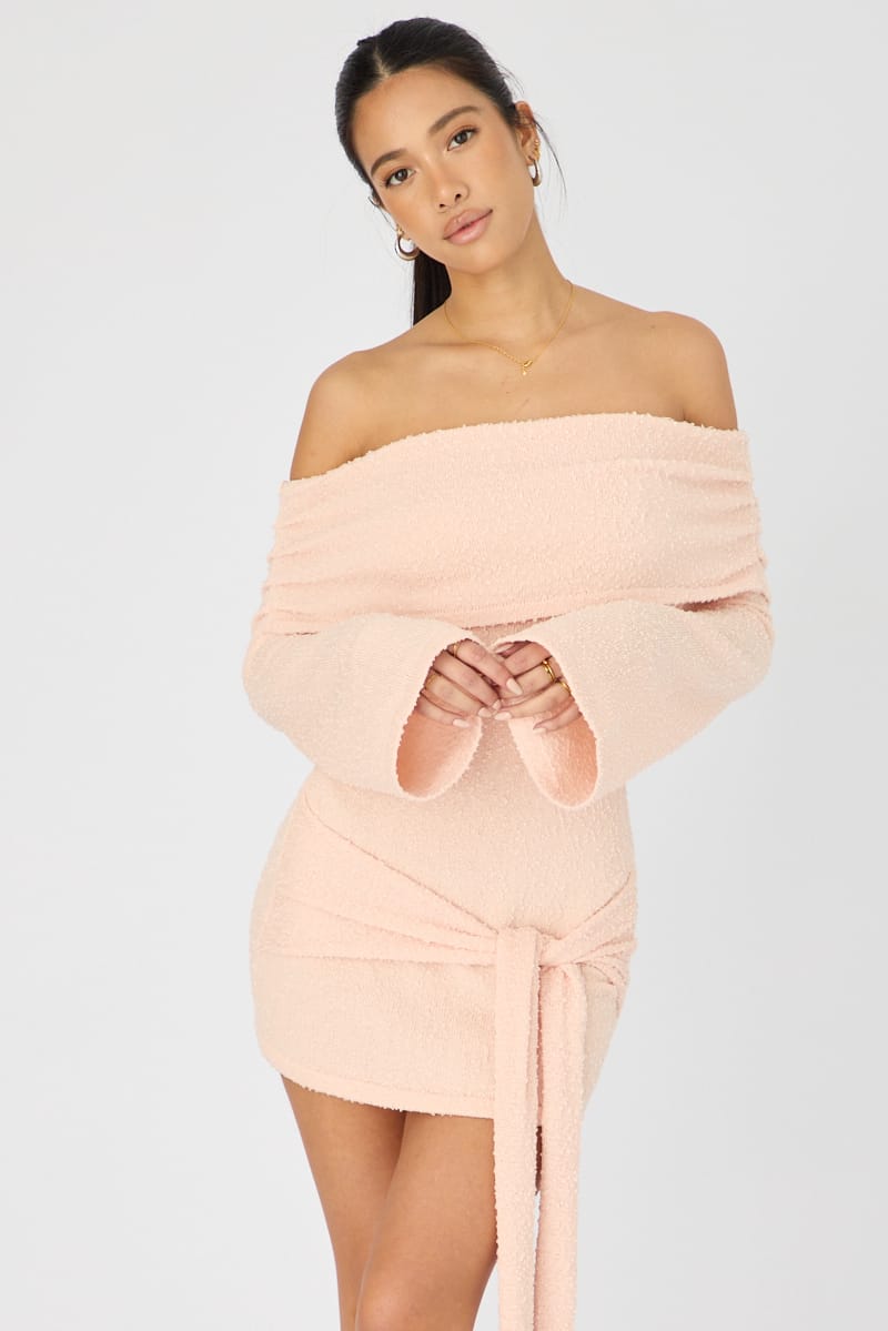 Orange Knitted Off Shoulder Tie Waist Mini Dress for Ally Fashion