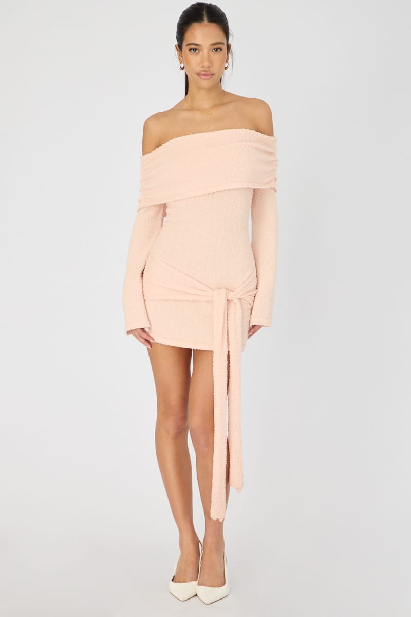 Orange Knitted Off Shoulder Tie Waist Mini Dress for Ally Fashion