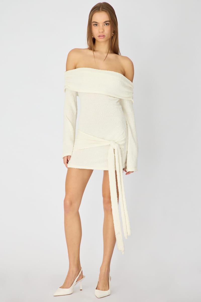 White Knitted Off Shoulder Tie Waist Mini Dress for Ally Fashion