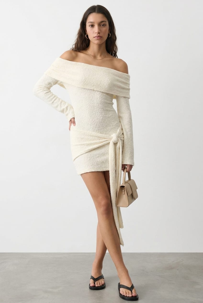 White Knit Off-Shoulder Tie-Waist Mini Dress from Ally Fashion