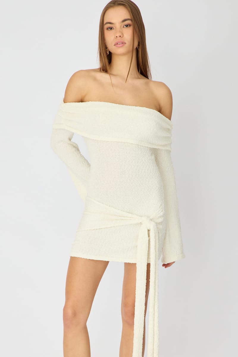 White Knitted Off Shoulder Tie Waist Mini Dress for Ally Fashion