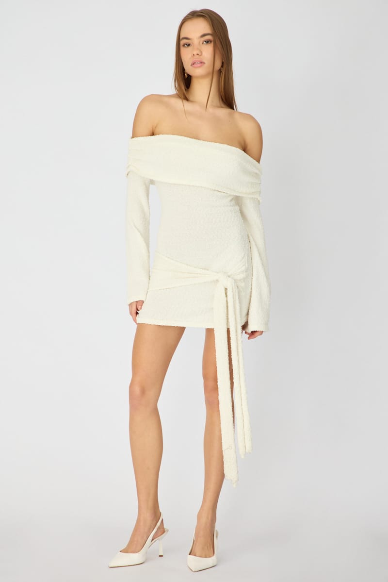 White Knitted Off Shoulder Tie Waist Mini Dress for Ally Fashion
