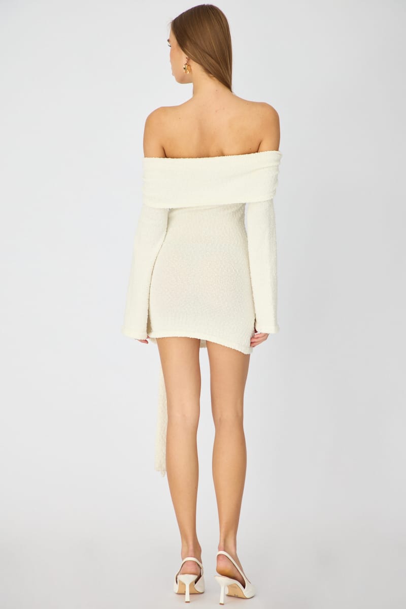 White Knitted Off Shoulder Tie Waist Mini Dress for Ally Fashion