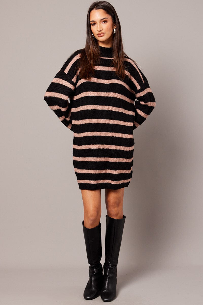 Beige Stripe Knit Jumper Dress Mini for Ally Fashion