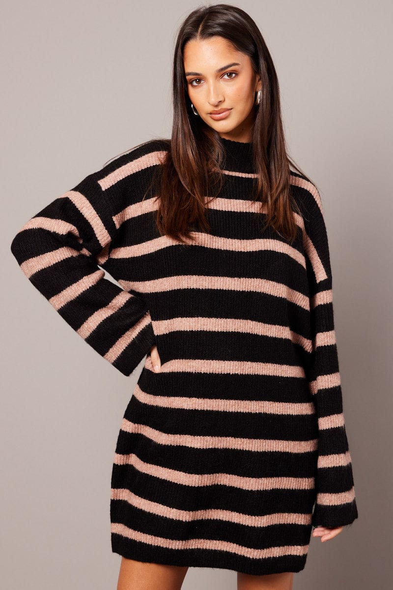 Beige Stripe Knit Jumper Dress Mini for Ally Fashion