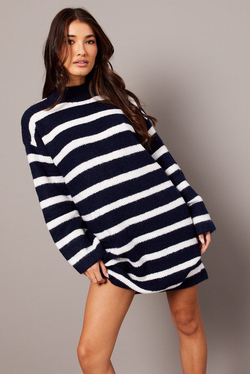 Blue Stripe Knit Jumper Dress Mini for Ally Fashion