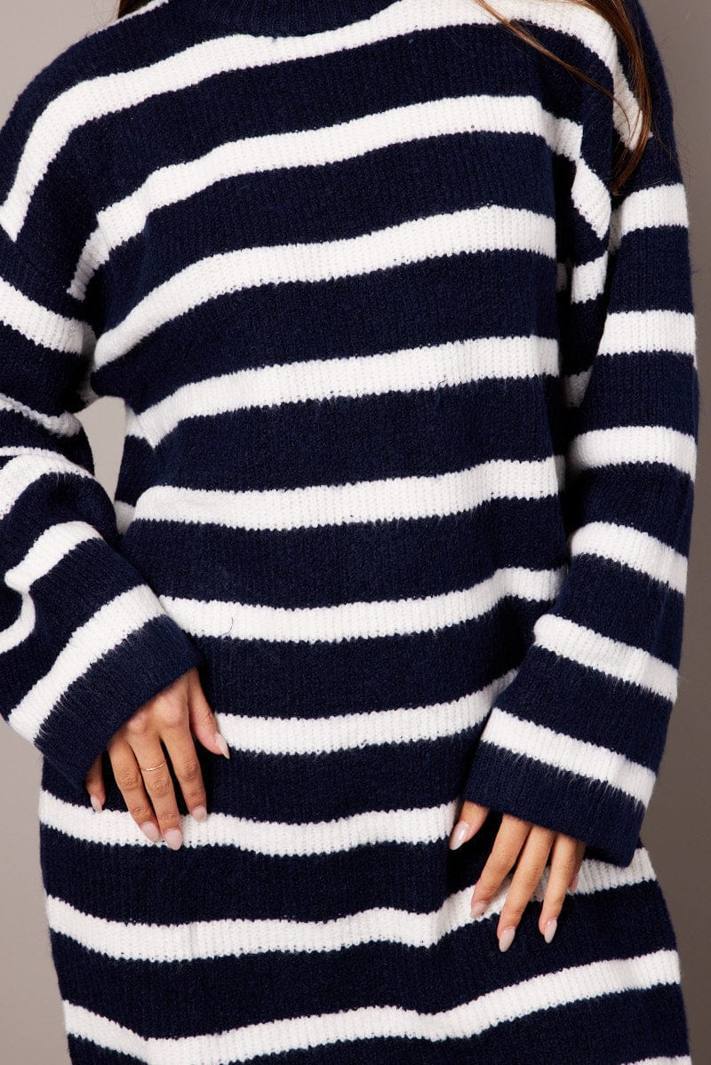 Blue Stripe Knit Jumper Dress Mini for Ally Fashion