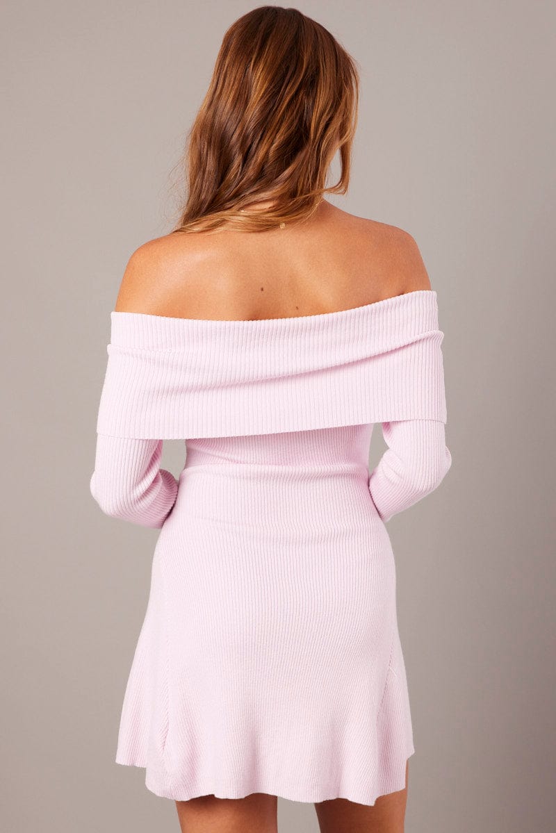 Pink Knit Dress Long Sleeve Off Shoulder for Ally Fashion