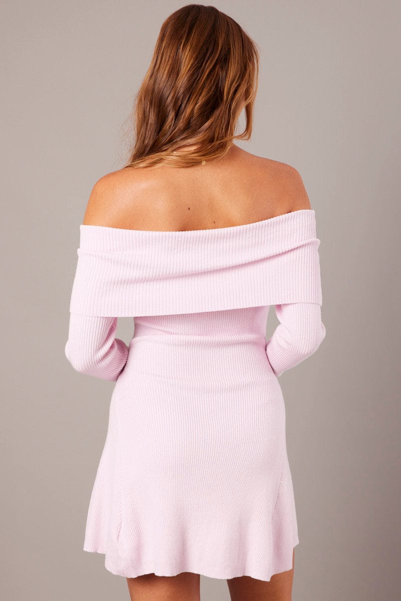 Pink Knit Dress Long Sleeve Off Shoulder | Ally Fashion Pink Knit Dress Long Sleeve Off Shoulder | Ally Fashion