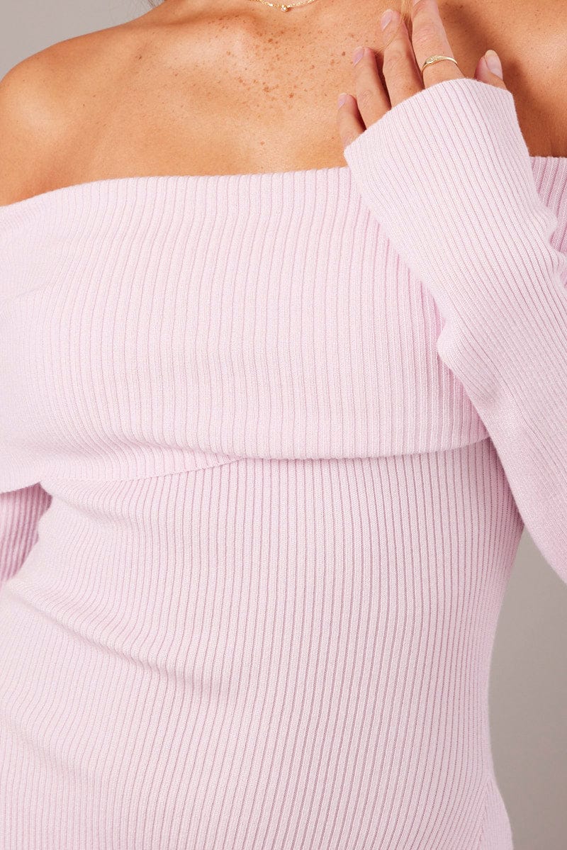 Pink Knit Dress Long Sleeve Off Shoulder for Ally Fashion