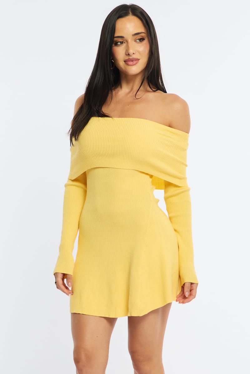 Yellow Knit Dress Long Sleeve Off Shoulder | Ally Fashion Yellow Knit Dress Long Sleeve Off Shoulder | Ally Fashion