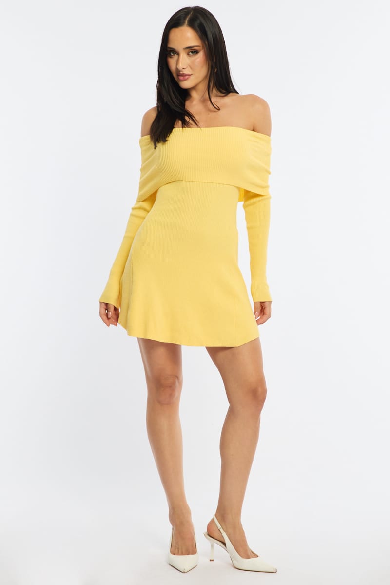 Yellow Knit Dress Long Sleeve Off Shoulder for Ally Fashion