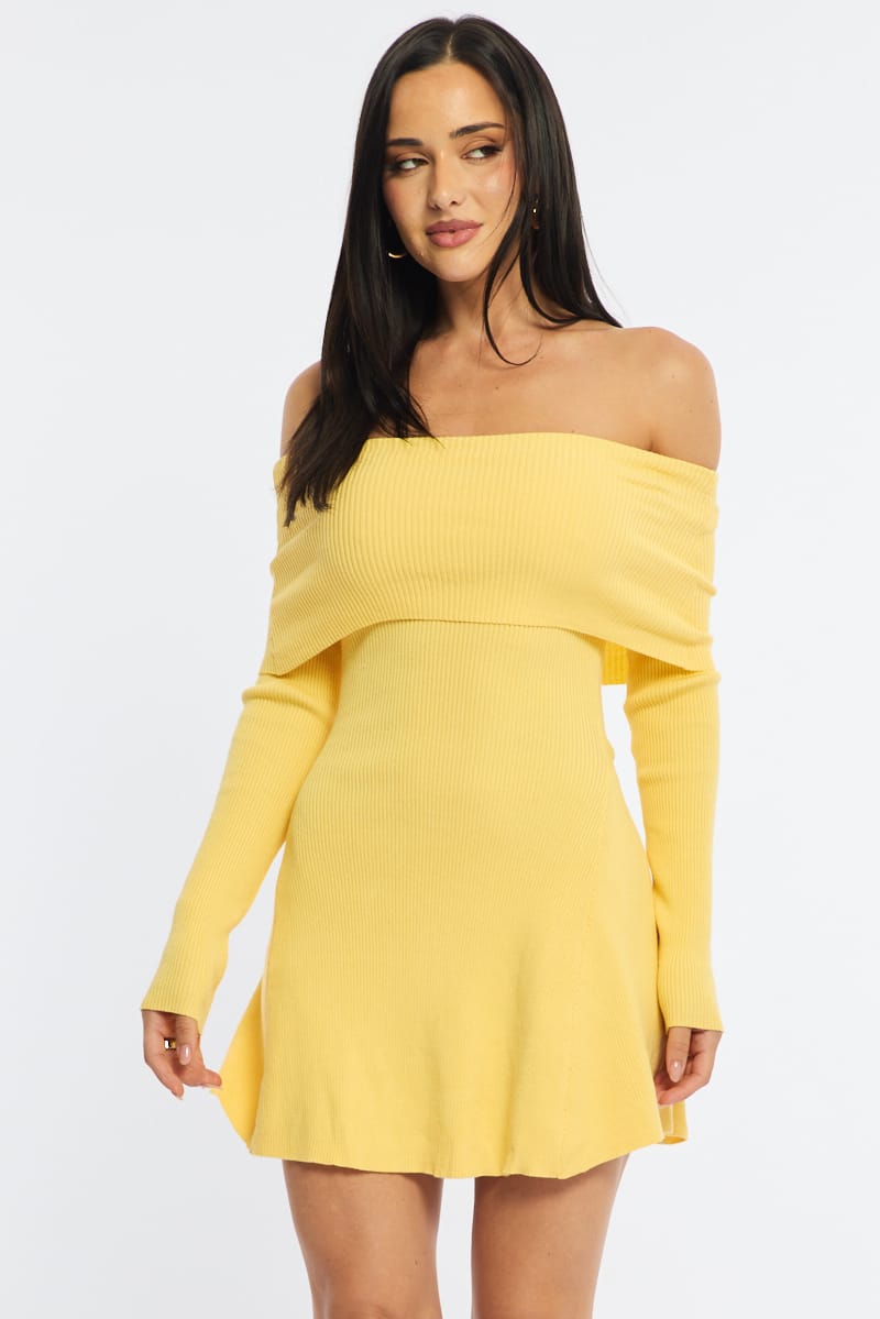 Yellow Knit Dress Long Sleeve Off Shoulder for Ally Fashion