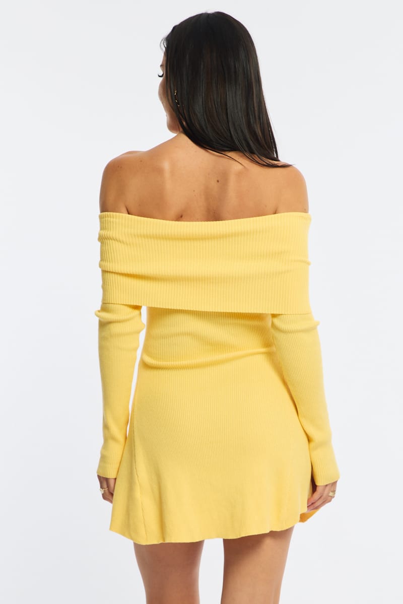 Yellow Knit Dress Long Sleeve Off Shoulder for Ally Fashion