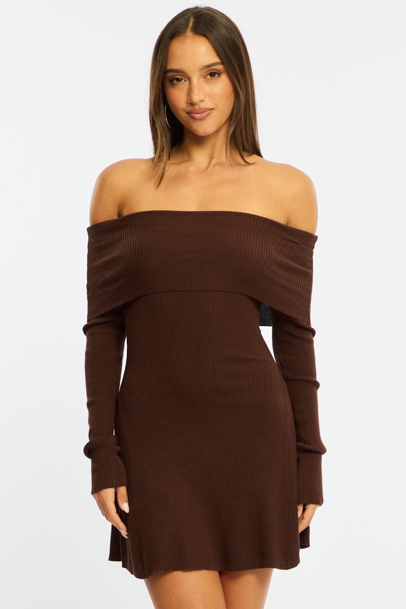 Brown Knit Dress Long Sleeve Off Shoulder | Ally Fashion Brown Knit Dress Long Sleeve Off Shoulder | Ally Fashion