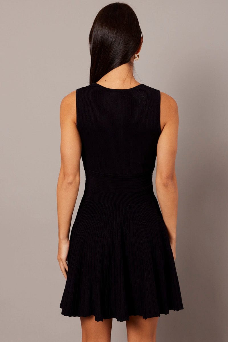 Black Knit Dress Sleeveless Fit and Flare for Ally Fashion