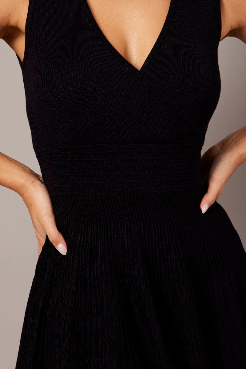 Black Knit Dress Sleeveless Fit and Flare for Ally Fashion