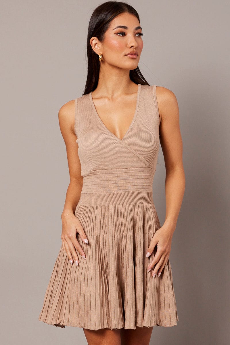 Beige Knit Dress Sleeveless Fit and Flare for Ally Fashion