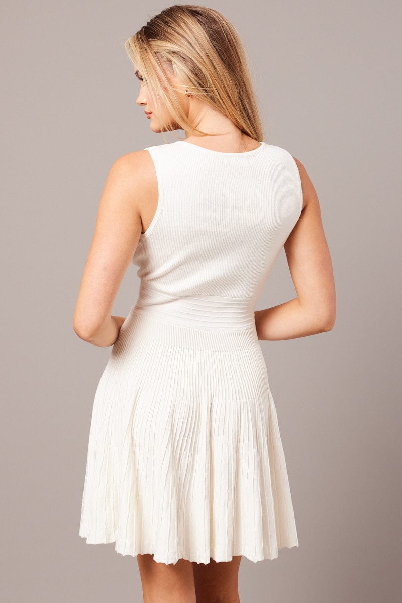 White Knit Dress Sleeveless Fit and Flare for Ally Fashion