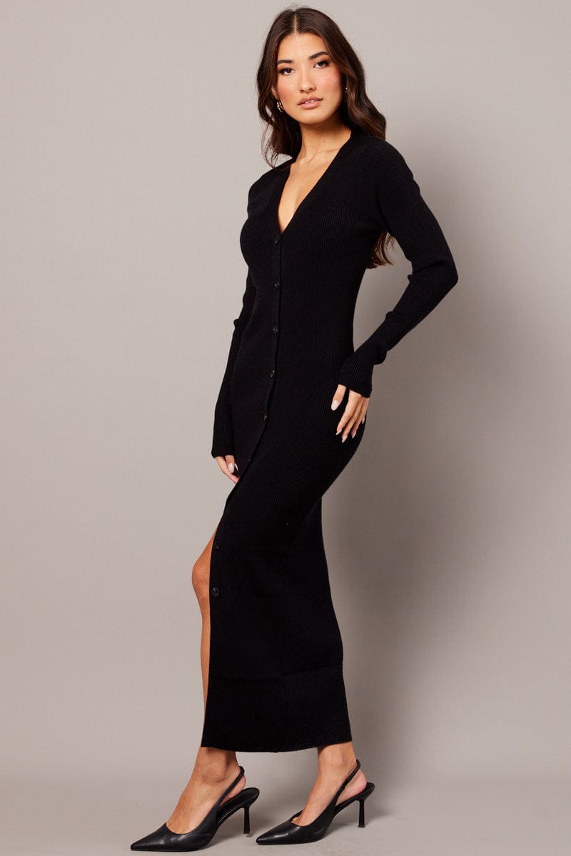 Black Knit Dress Long Sleeve Button Front for Ally Fashion