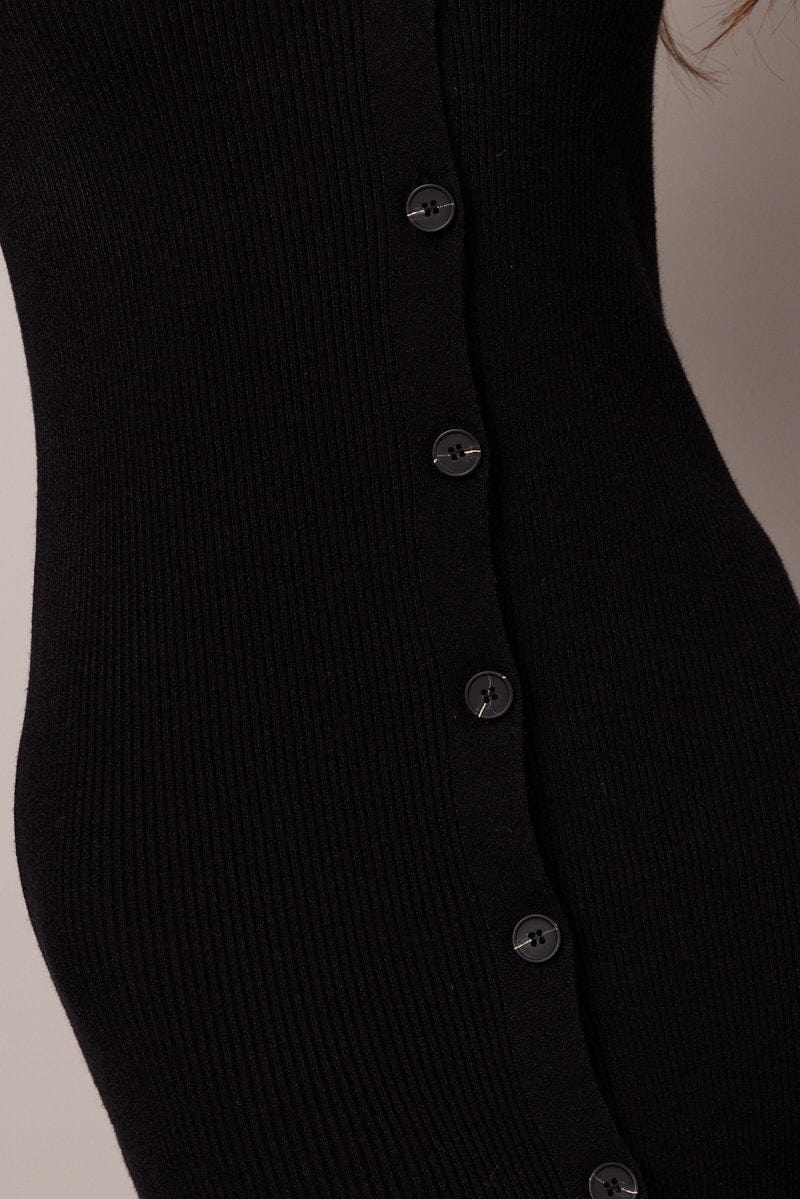 Black Knit Dress Long Sleeve Button Front for Ally Fashion