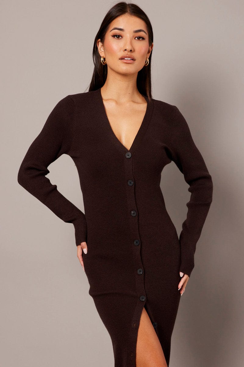 Brown Knit Dress Long Sleeve Button Front for Ally Fashion