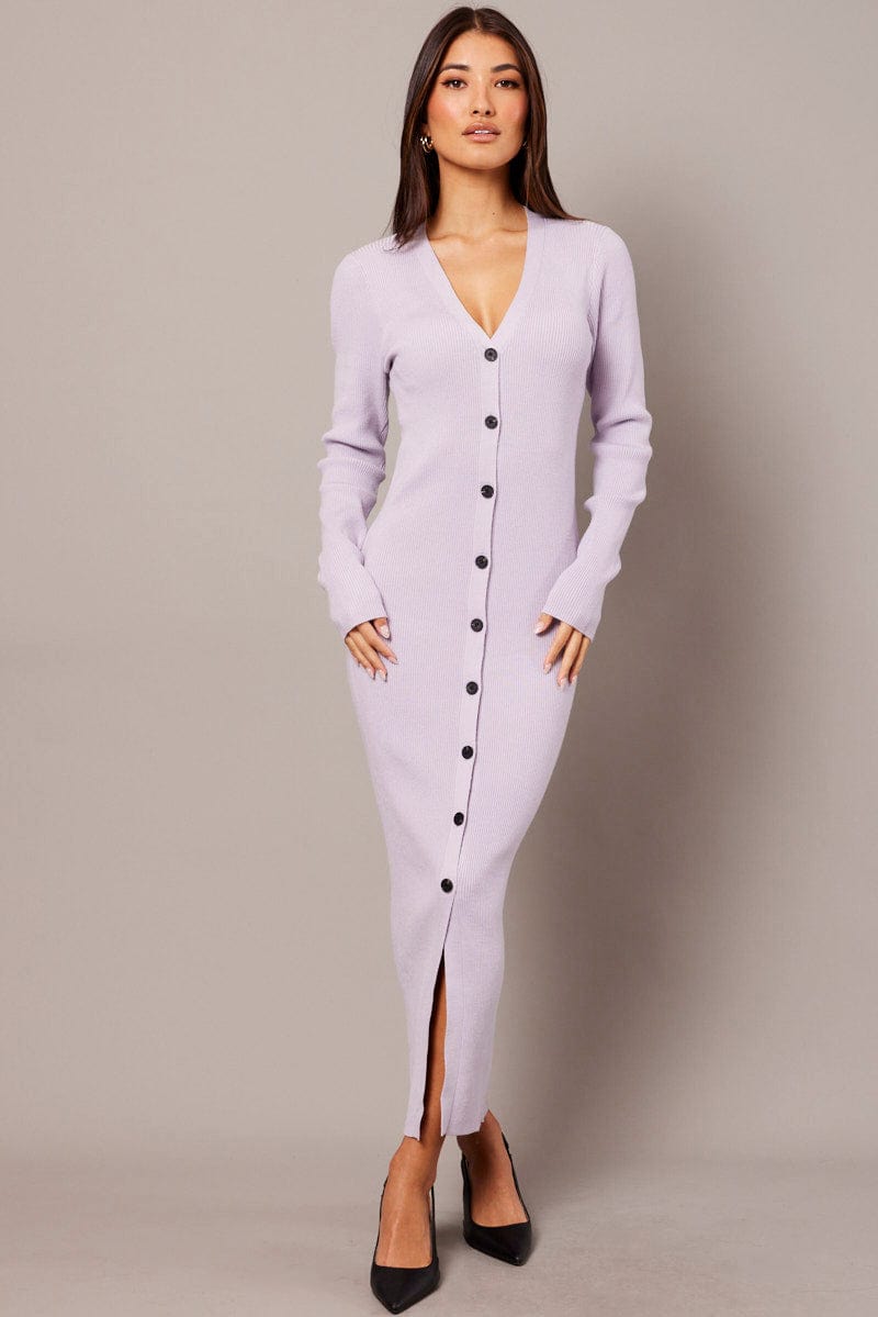 Purple Knit Dress Long Sleeve Button Front for Ally Fashion