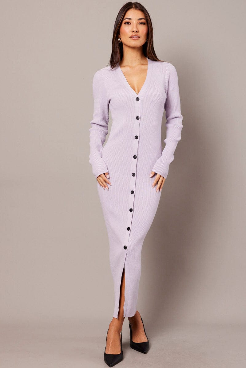 Purple Knit Dress Long Sleeve Button Front Ally Fashion