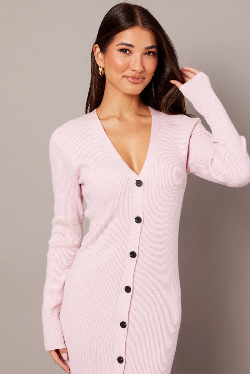 Pink Knit Dress Long Sleeve Button Front for Ally Fashion