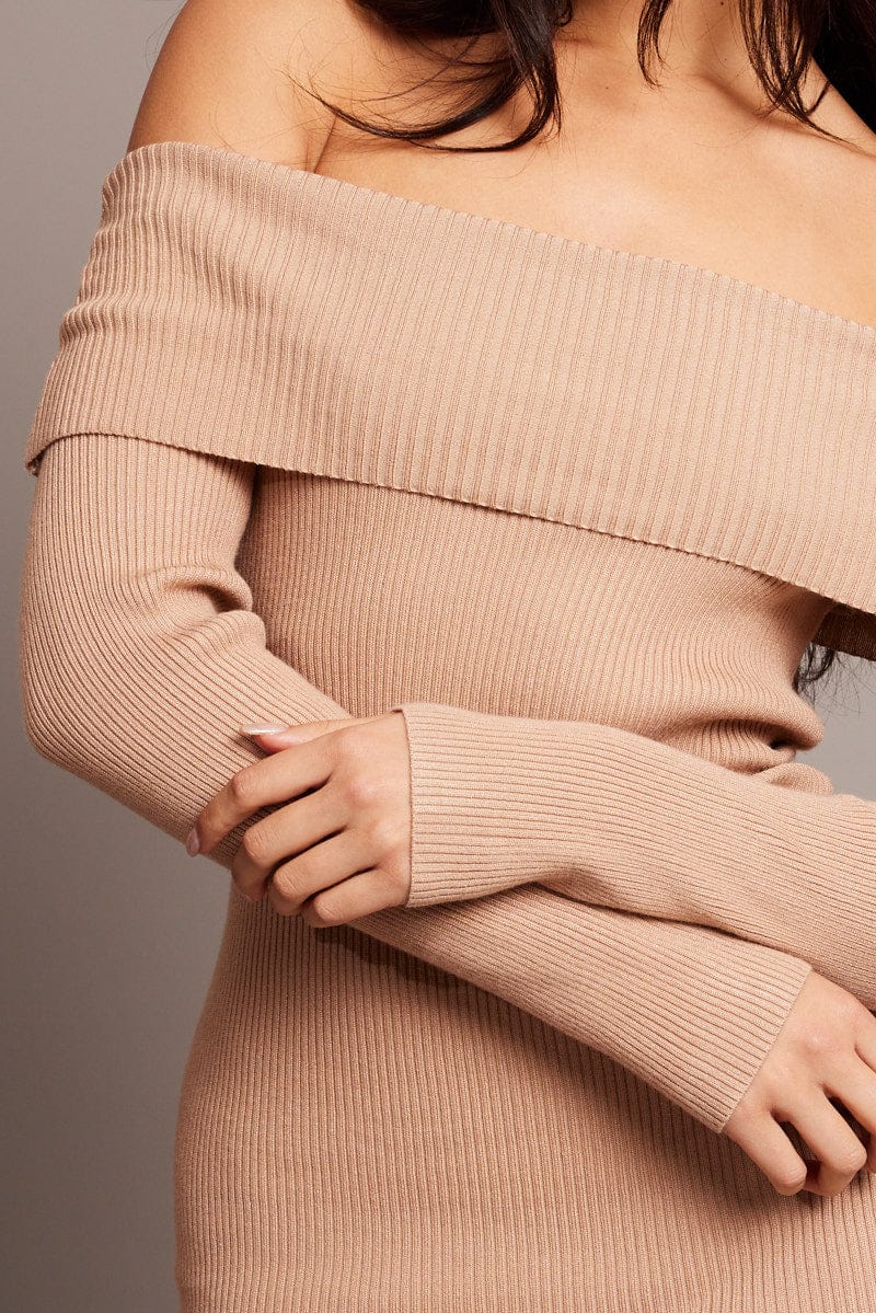 Beige Knit Dress Long Sleeve Mini for Ally Fashion