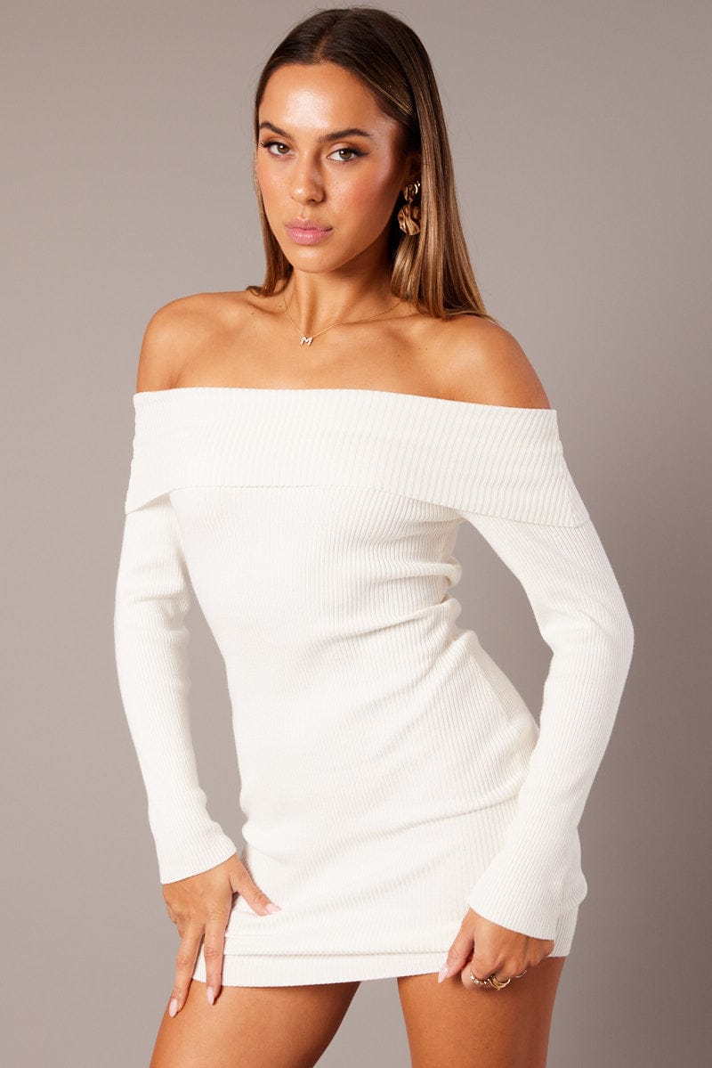 White Knit Dress Long Sleeve Mini for Ally Fashion