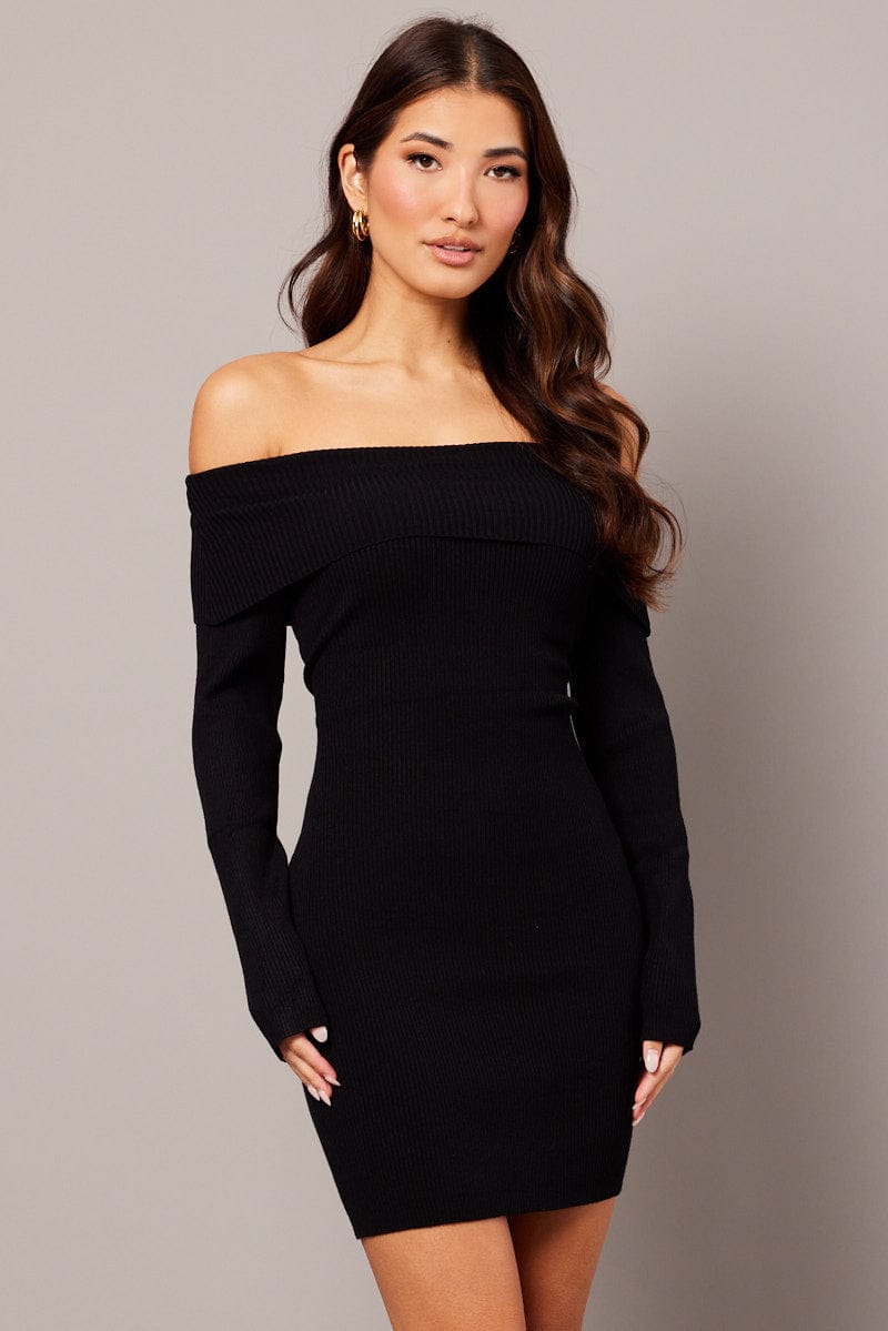 Black Knit Dress Long Sleeve Mini for Ally Fashion