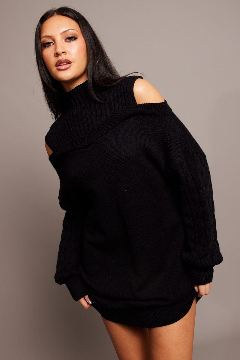 Black Knit Dress High Neck Jumper Mini for Ally Fashion