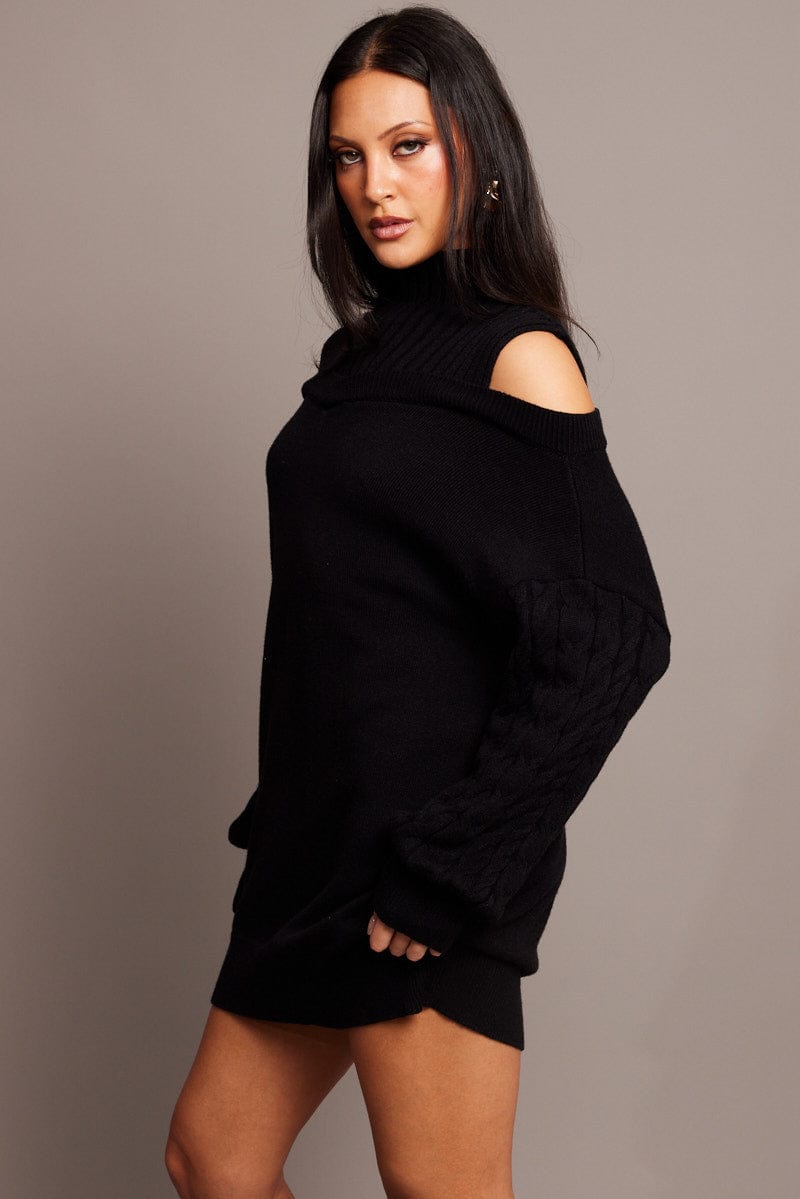 Black Knit Dress High Neck Jumper Mini for Ally Fashion