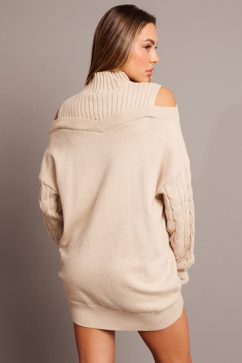 Beige Knit Dress High Neck Jumper Mini for Ally Fashion