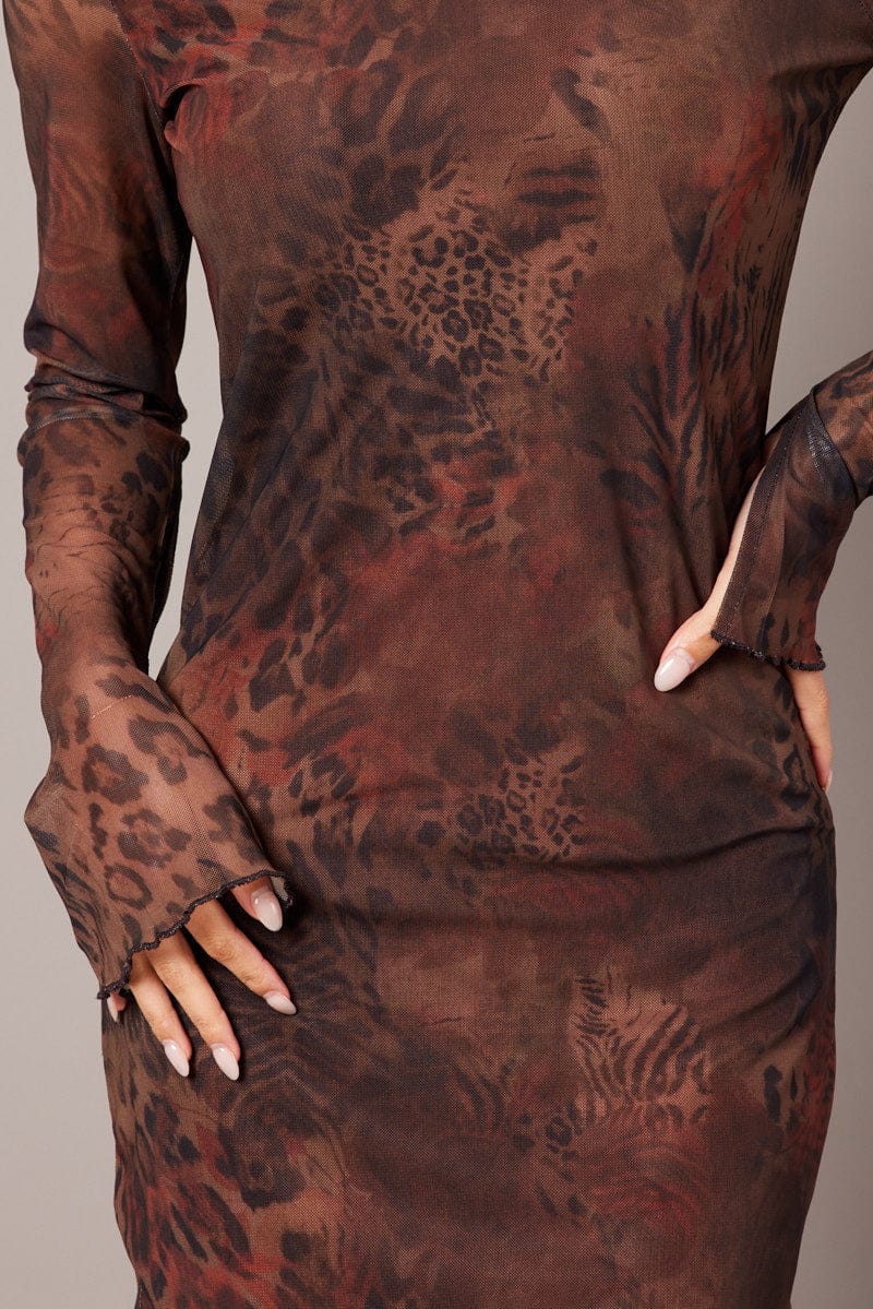 Brown Abstract Bodycon Dress High Neck Mini Long Sleeve for Ally Fashion