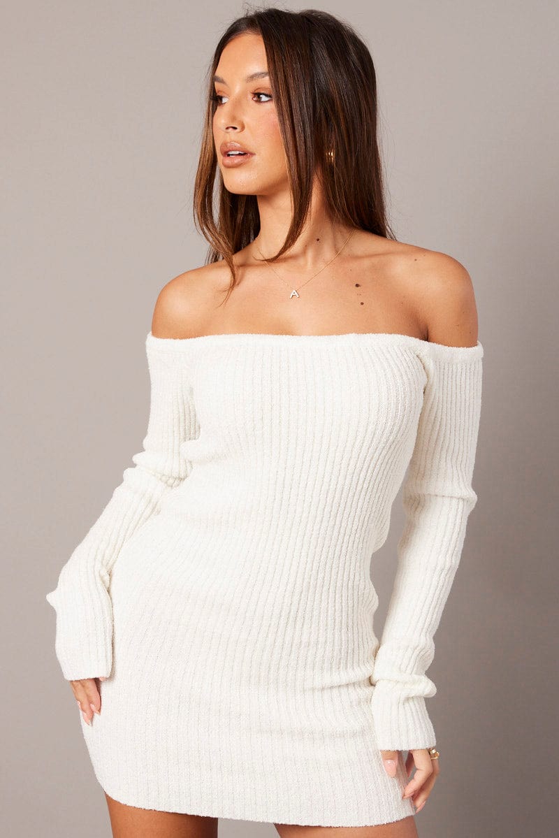 White Knit Dress Long Sleeve Off Shoulder Mini for Ally Fashion