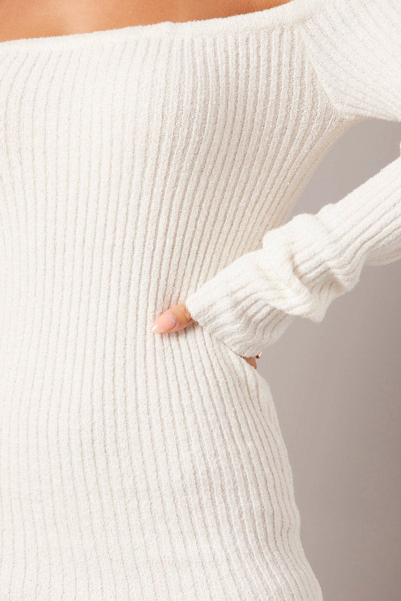 White Knit Dress Long Sleeve Off Shoulder Mini for Ally Fashion