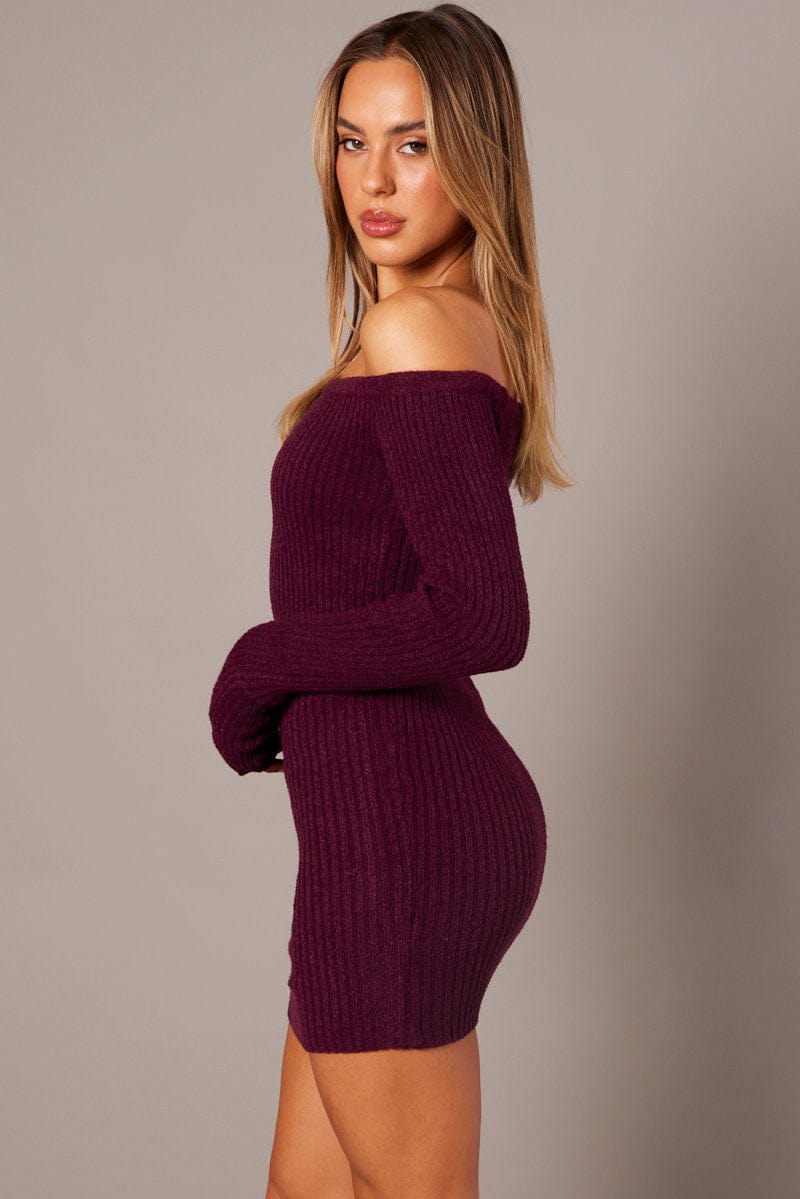 Purple Knit Dress Long Sleeve Off Shoulder Mini for Ally Fashion