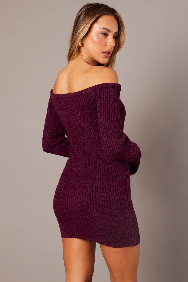Purple Knit Dress Long Sleeve Off Shoulder Mini for Ally Fashion