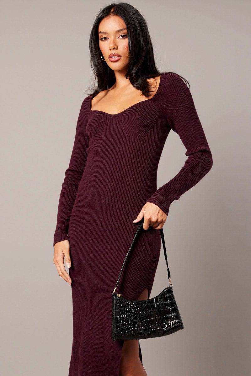 Red Knit Dress Long Sleeve Sweet Heart Neck for Ally Fashion