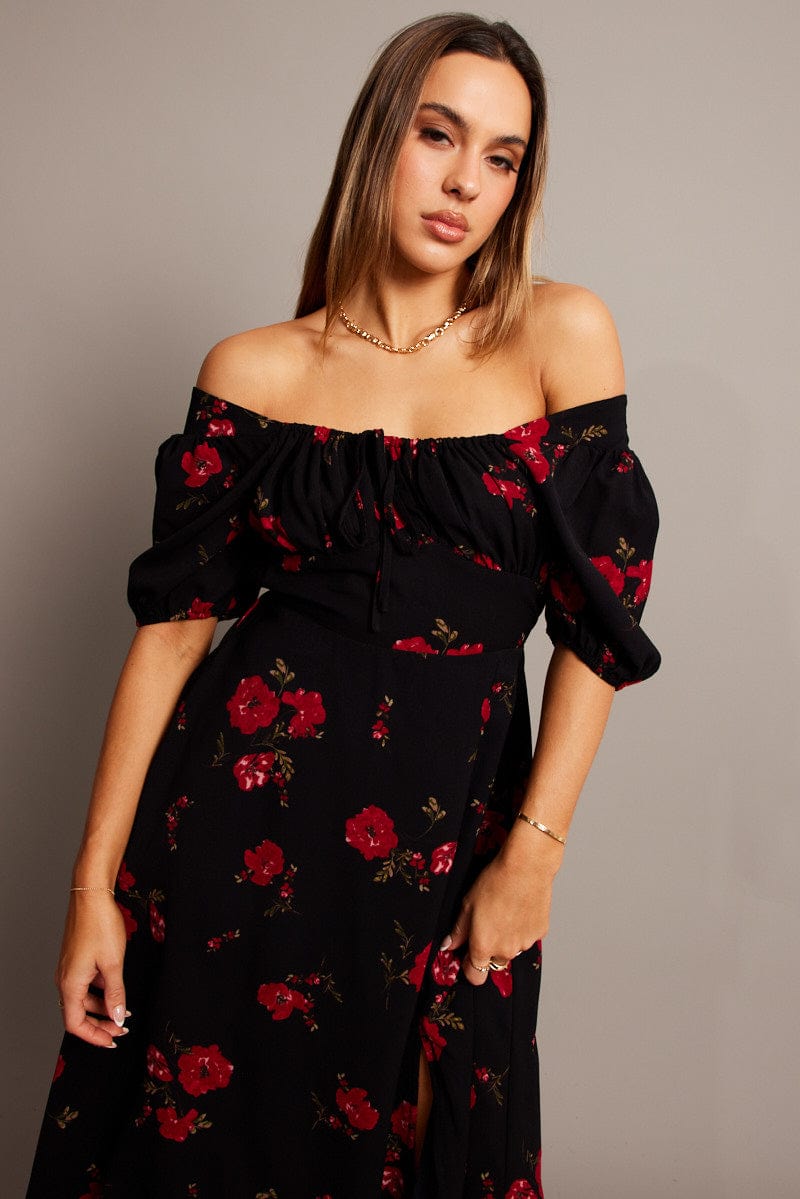 Black Floral Midi Dress Puff Sleeve Midi for Ally Fashion