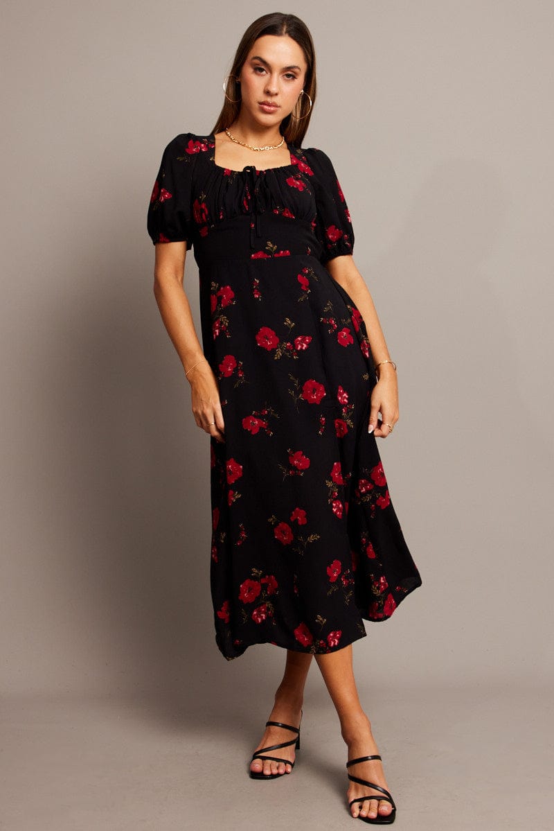 Black Floral Midi Dress Puff Sleeve Midi for Ally Fashion