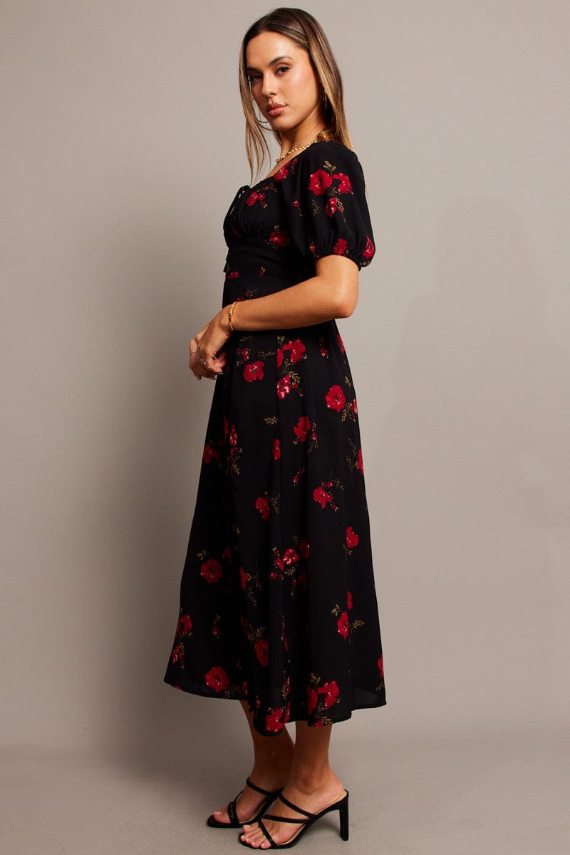 Black Floral Midi Dress Puff Sleeve Midi for Ally Fashion