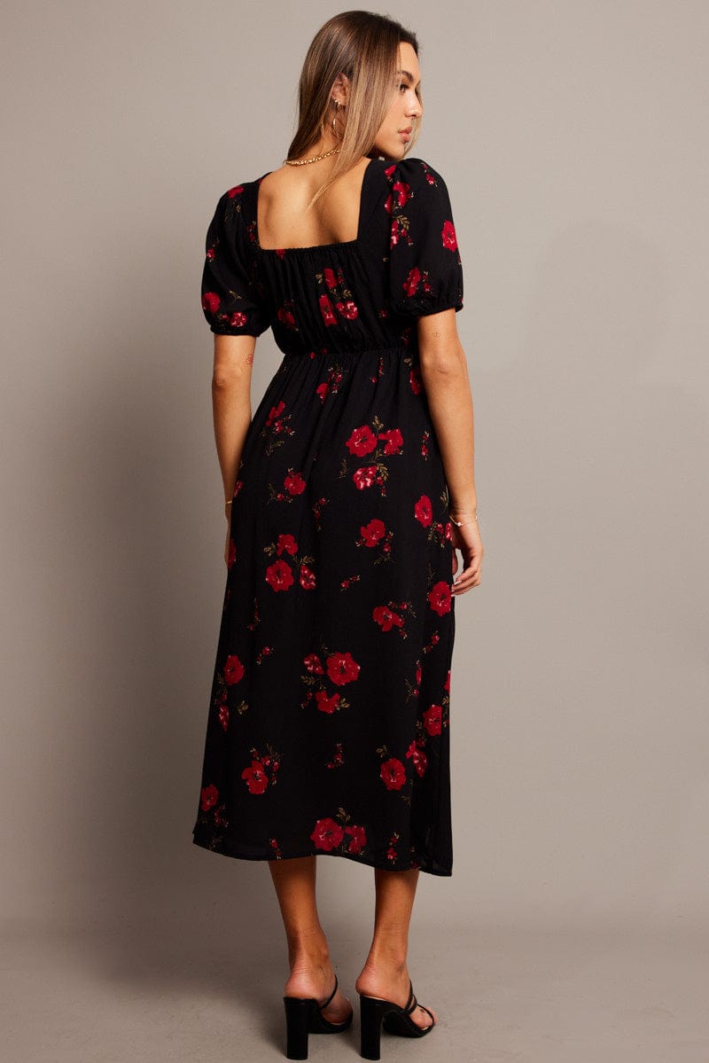 Black Floral Midi Dress Puff Sleeve Midi for Ally Fashion