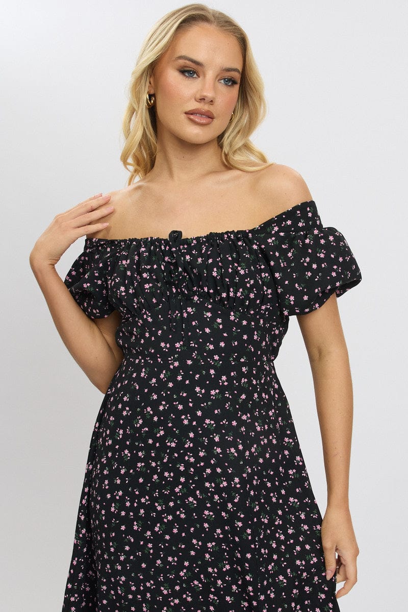 Black Ditsy Midi Dress Short Sleeve Side Split for Ally Fashion